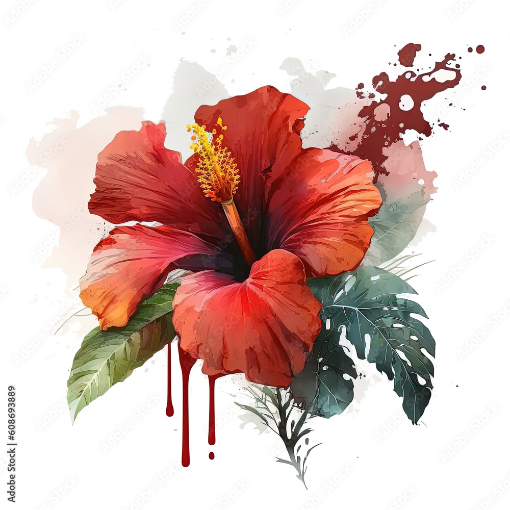 Red hibiscus flower watercolor. Illustration AI Generative.