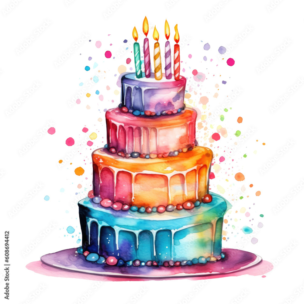 Watercolor Birthday Cake. Illustration AI Generative.