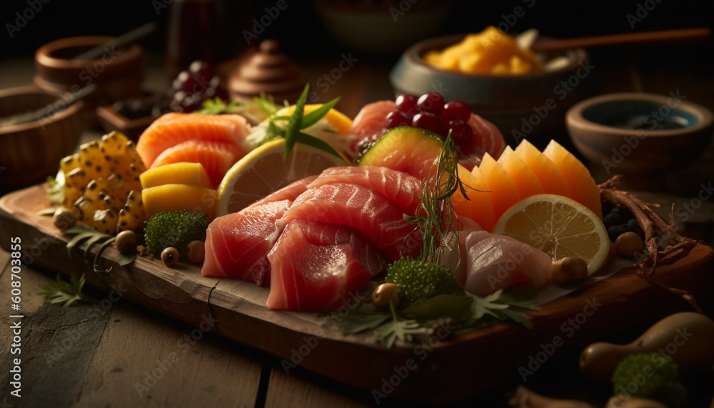 Fresh salmon fillet on wooden plate with avocado and lemon generated by AI