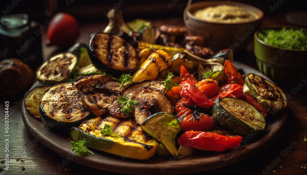 Grilled vegetable plate with homemade sauce, baked squash and garlic generated by AI