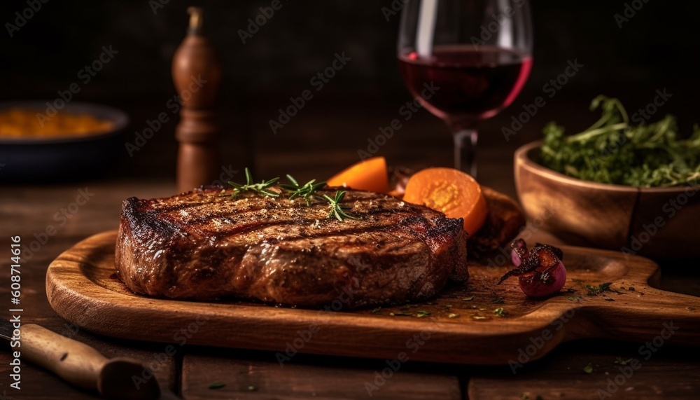 Grilled pork chop with ripe tomato and organic vegetable sides generated by AI