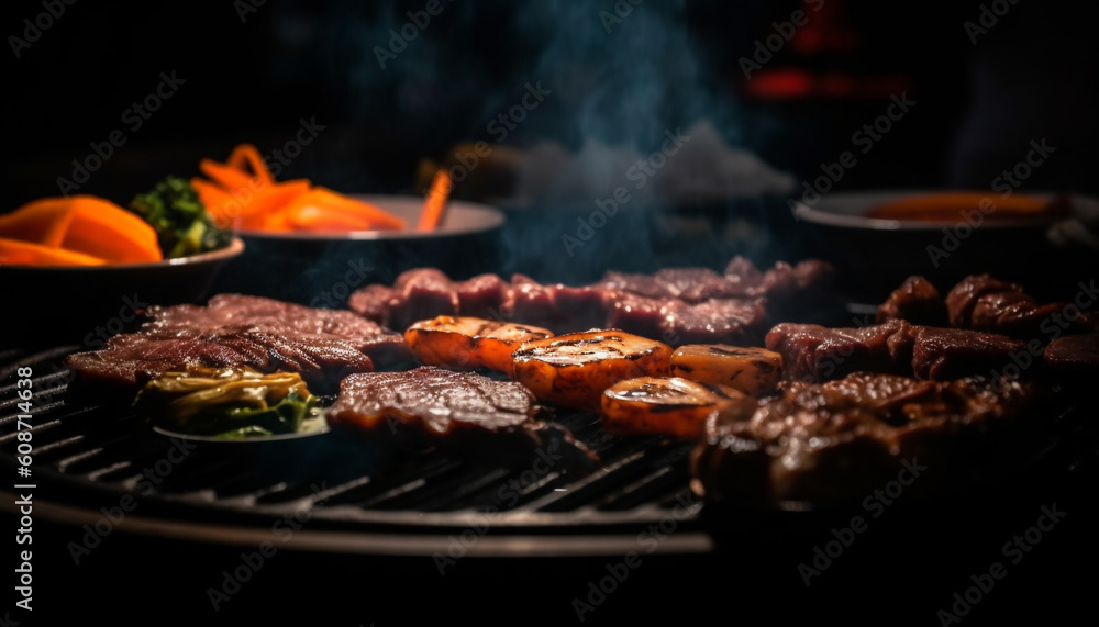 Grilled steak and vegetables on a plate, perfect summer lunch generated by AI