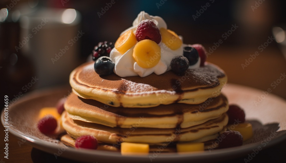 A stack of homemade berry pancakes with syrup and cream generated by AI