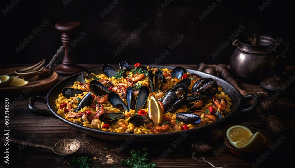 A gourmet seafood paella meal cooked on a rustic wood table generated by AI