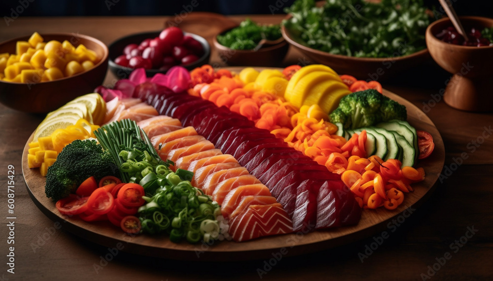 Fresh seafood salad with grilled beef and organic vegetables indoors generated by AI