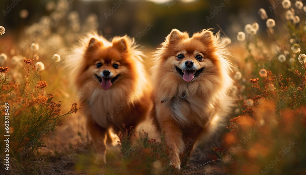 Cute Pomeranian puppy playing in the autumn forest, cheerful and obedient generated by AI