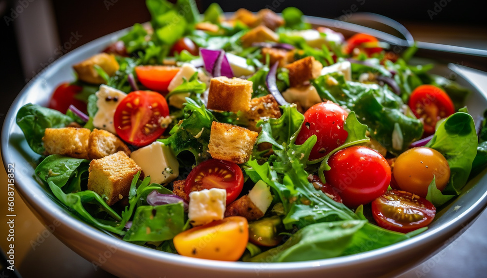 Grilled chicken salad with arugula, mozzarella, and cherry tomatoes gourmet freshness generated by A