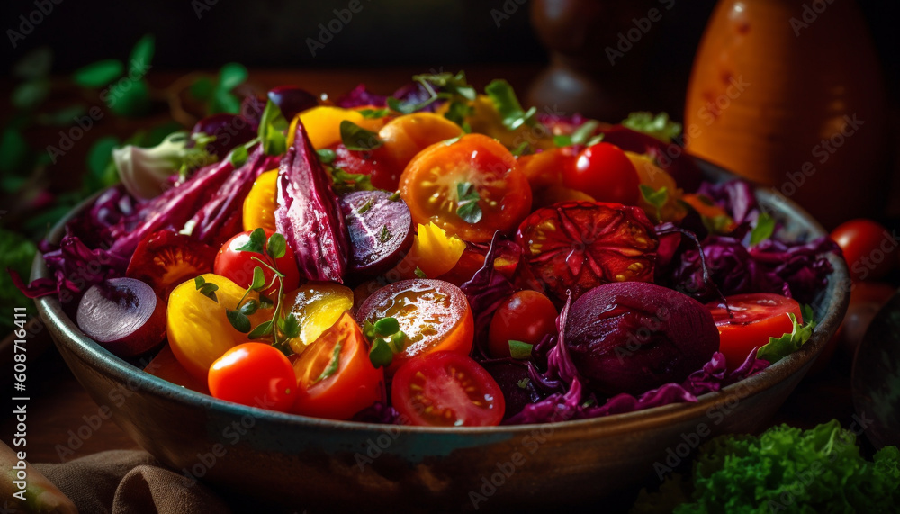 Healthy vegetarian salad with fresh organic ingredients on rustic crockery generated by AI