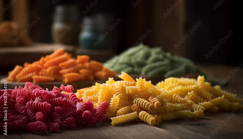 Healthy Italian lunch Tricolor pasta variation on rustic wooden plank generated by AI