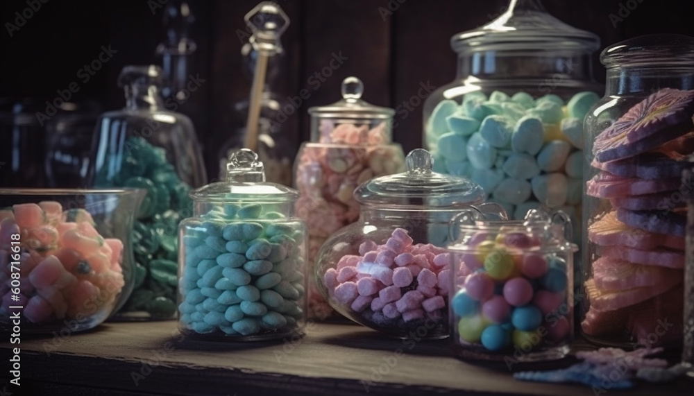 A gourmet candy jar with an abundance of multi colored sweets generated by AI