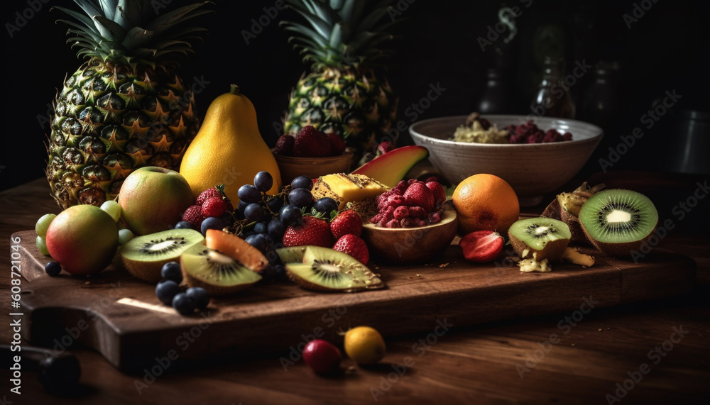 Fresh organic fruit bowl Pineapple, kiwi, orange, and berry variation generated by AI