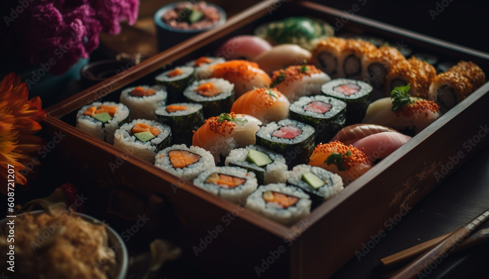 A gourmet lunch plate of fresh seafood and sushi variations generated by AI