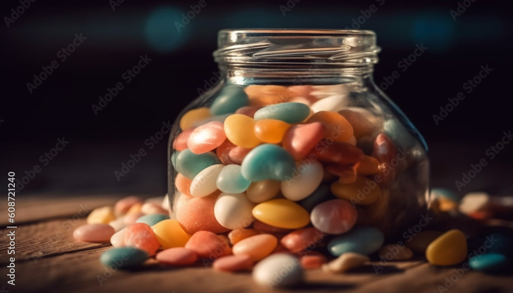 A colorful heap of chewy jellybeans spills from a jar generated by AI