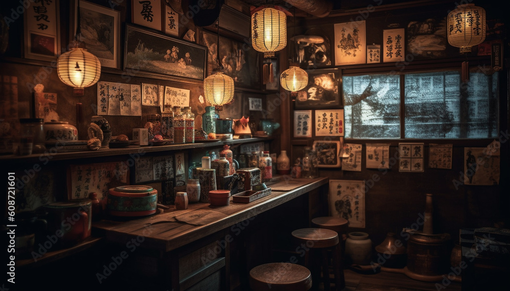 Rustic lantern illuminates old fashioned Chinese bar inside modern city establishment generated by A