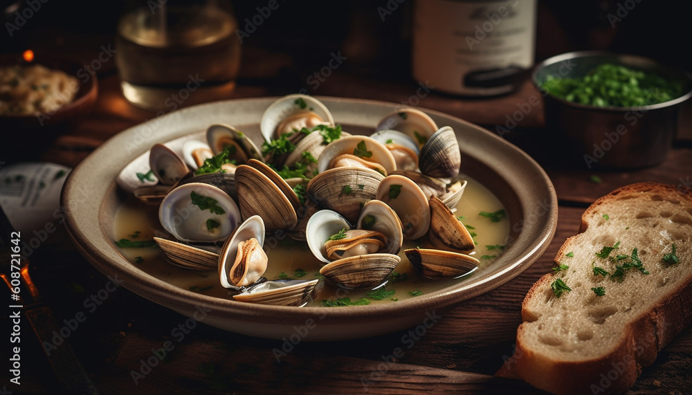 A gourmet seafood appetizer with mussels, scallops, and crustaceans generated by AI