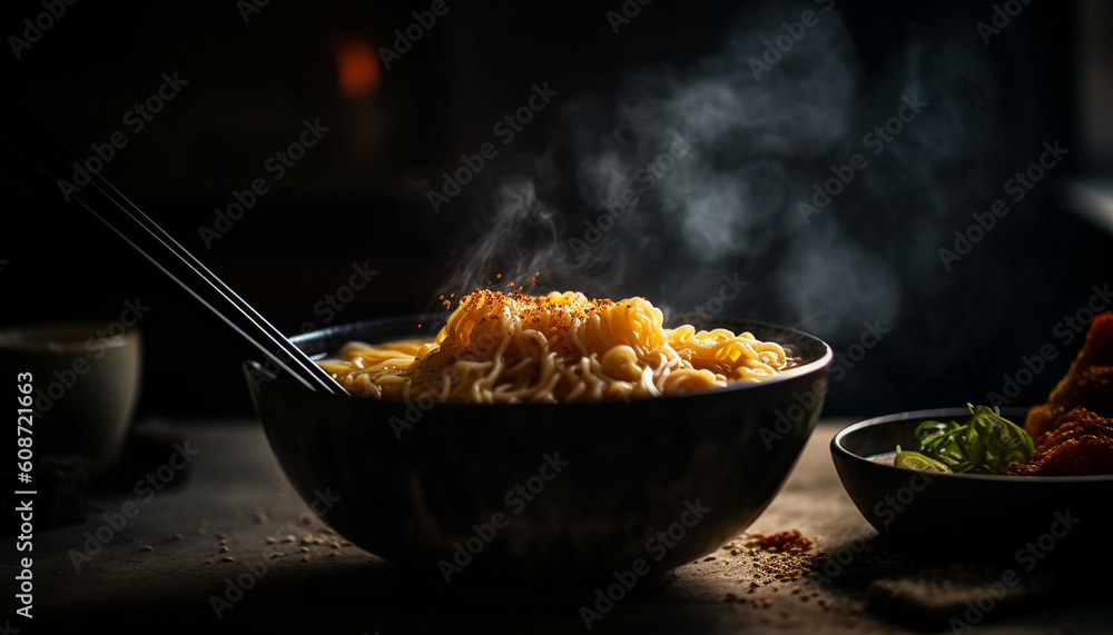 Healthy vegetarian ramen soup with fresh vegetables and homemade noodles generated by AI