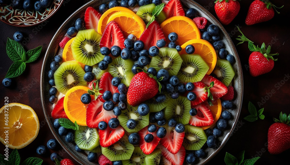 A gourmet fruit salad with fresh berries, kiwi, and yogurt generated by AI