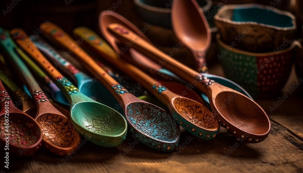 A rustic collection of wooden kitchen utensils in multi colors generated by AI