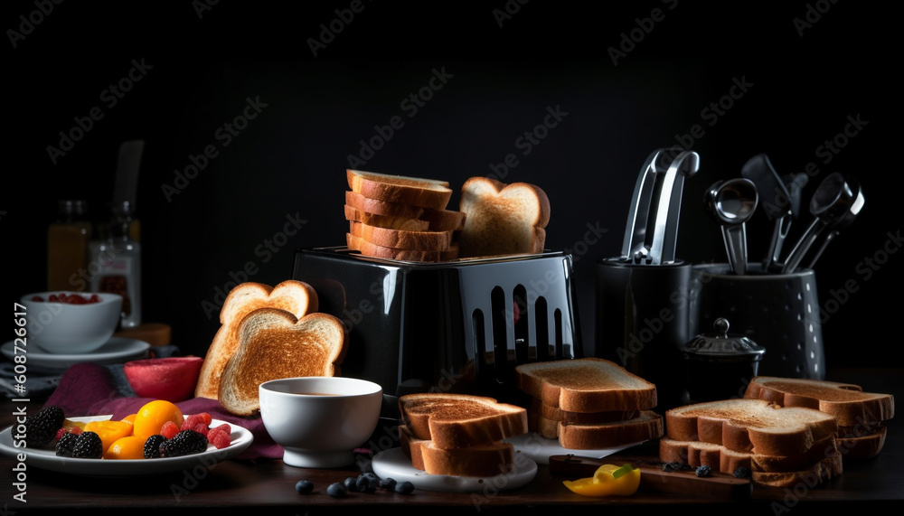 A rustic table with a gourmet arrangement of baked goods generated by AI