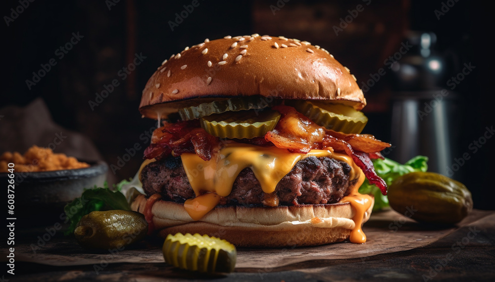 Grilled gourmet cheeseburger with tomato, onion, and French fries unhealthy generated by AI