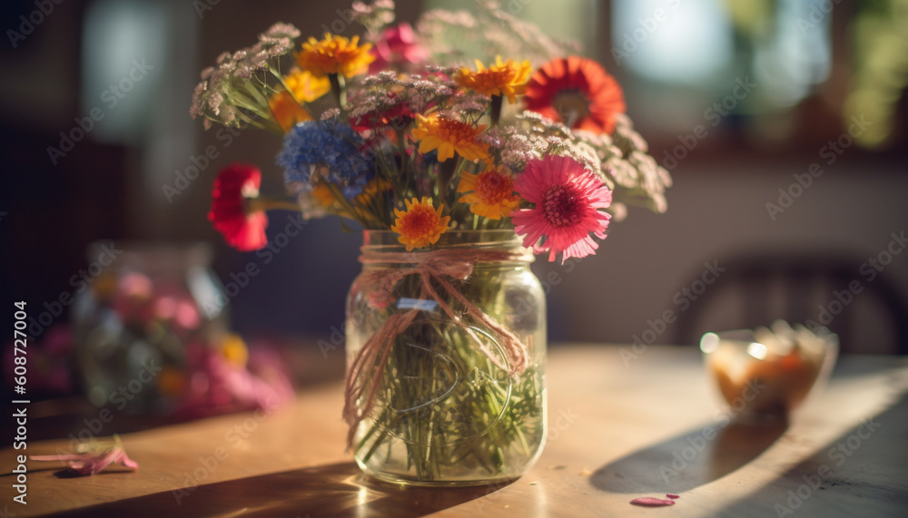 A rustic bouquet of multi colored daisies brings freshness indoors generated by AI