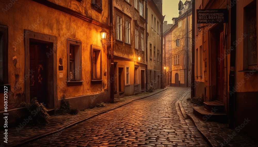 The old fashioned lantern illuminates the narrow cobblestone footpath at dusk generated by AI