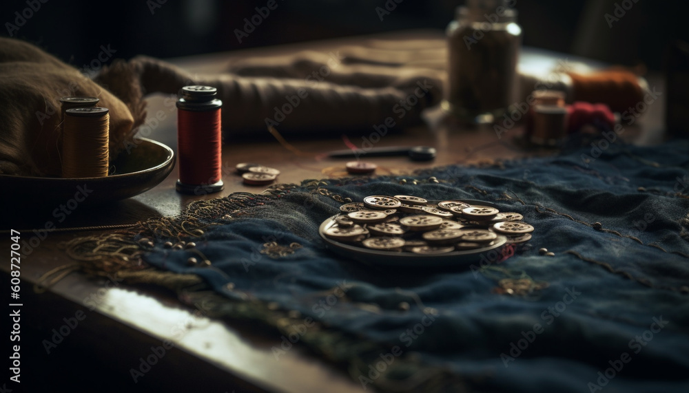 Craftsperson sewing workshop: spools, wool, and leather on table generated by AI