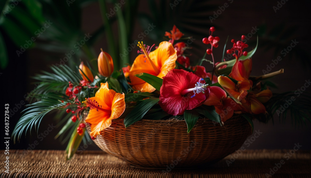 A vibrant bouquet of multi colored flowers in a wooden vase generated by AI