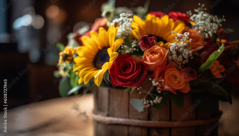 A rustic bouquet of sunflowers and multi colored flowers in a vase generated by AI