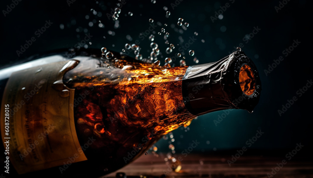 Whiskey pouring into glass, splashing liquid, creating freshness and addiction generated by AI