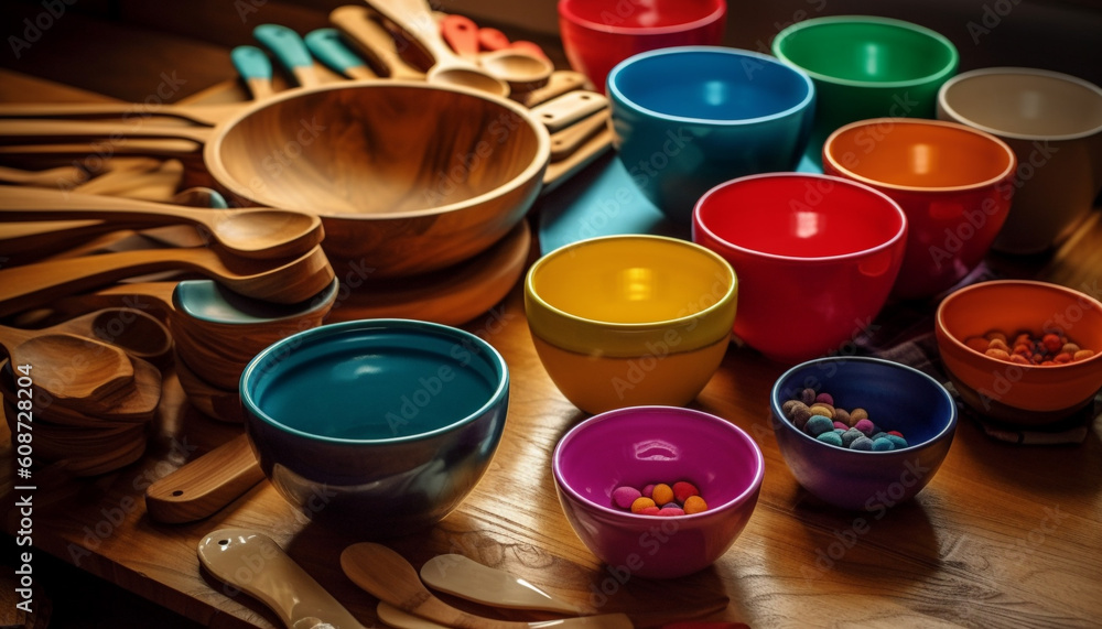 A rustic earthenware bowl , with multi colored spoon variation generated by AI