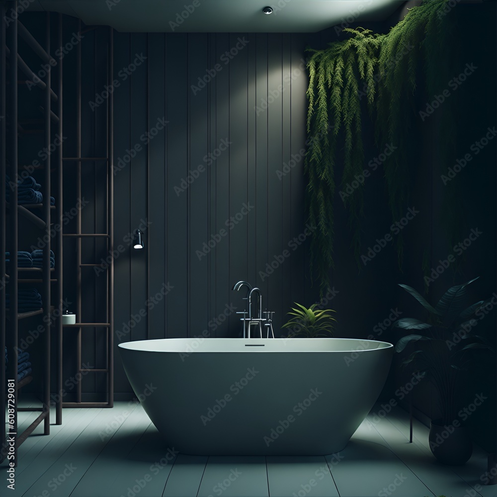 A white bath tub sitting next to a wooden wall