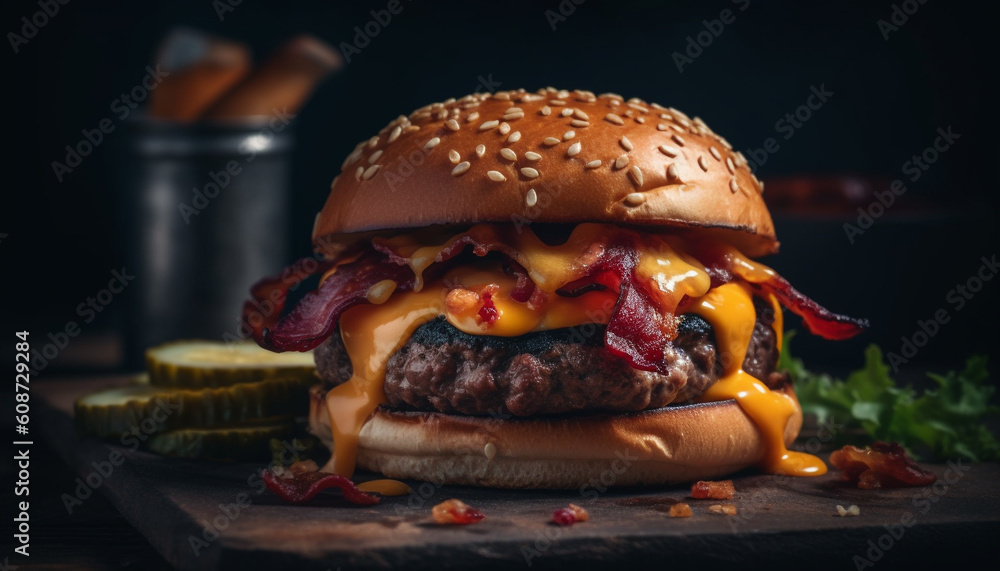 Grilled gourmet cheeseburger with juicy beef, tomato, and onion toppings generated by AI