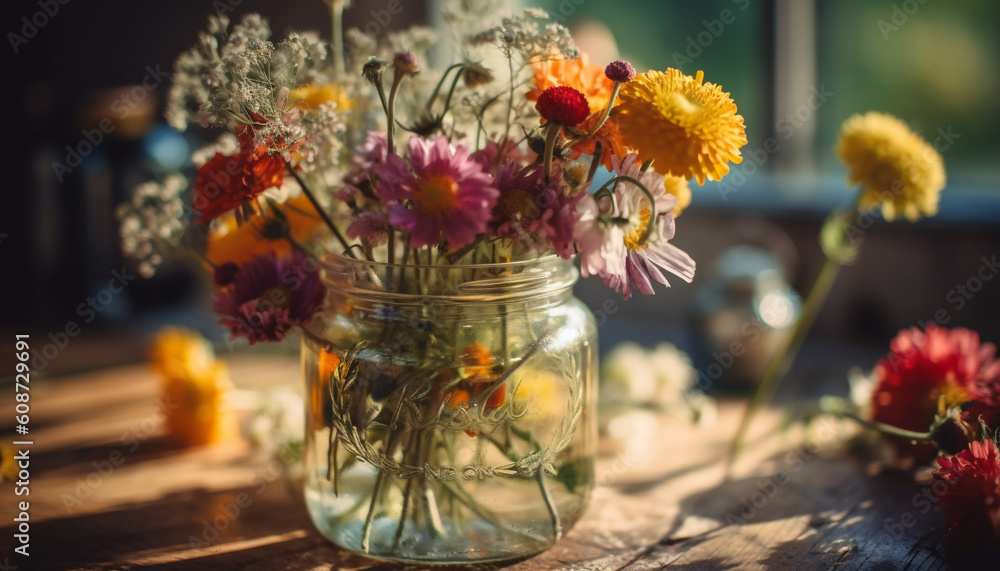 A rustic bouquet of wildflowers in a wooden vase outdoors generated by AI