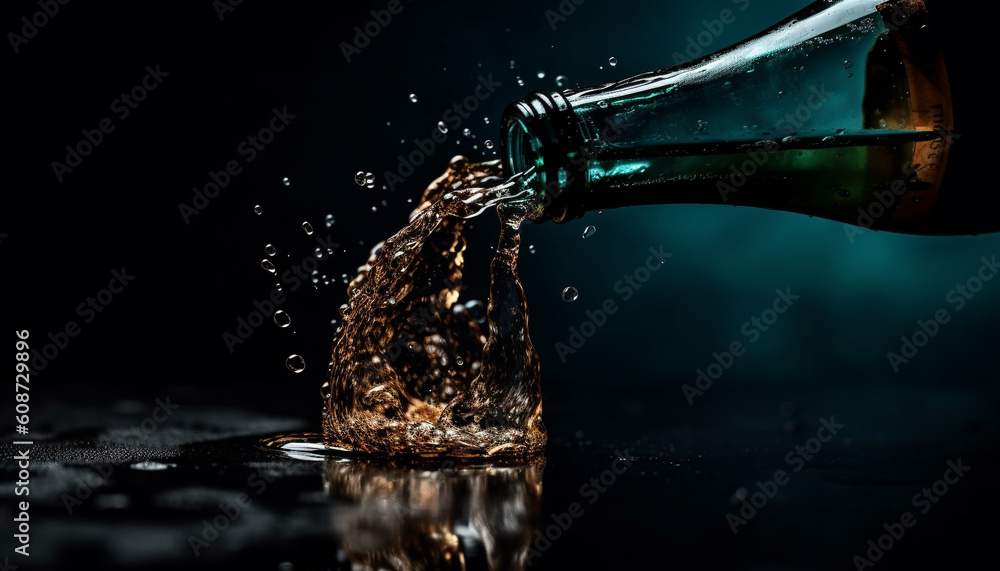 Refreshing purified water pouring from glass bottle, studio shot generated by AI