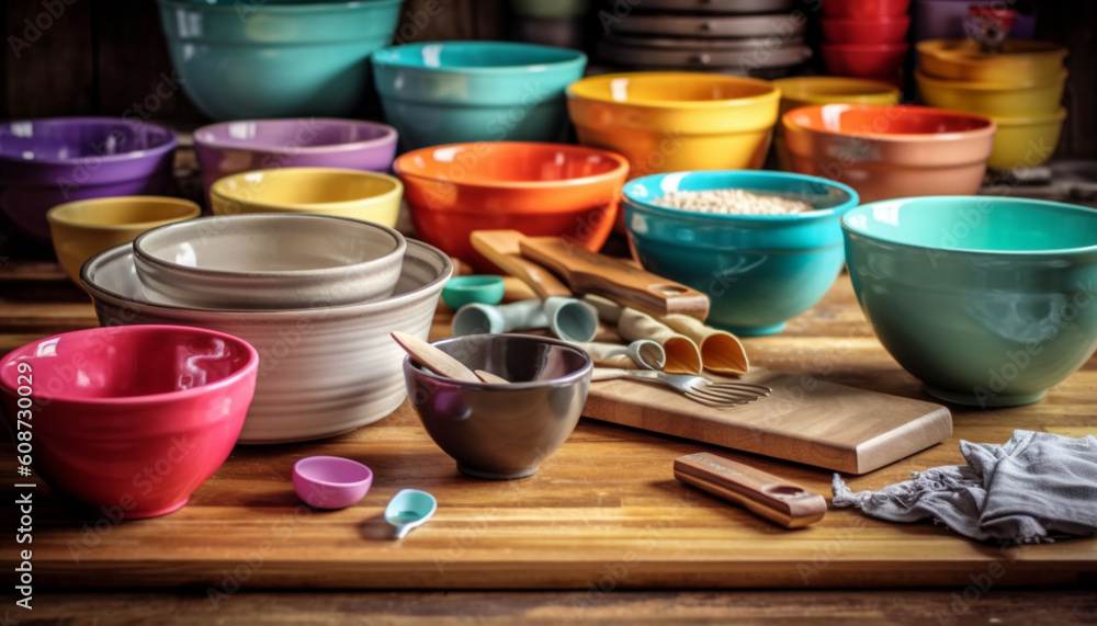 A rustic pottery bowl with multi colored patterns on wooden table generated by AI