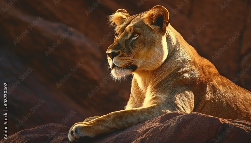 Majestic lion resting in the wilderness, hiding from danger generated by AI