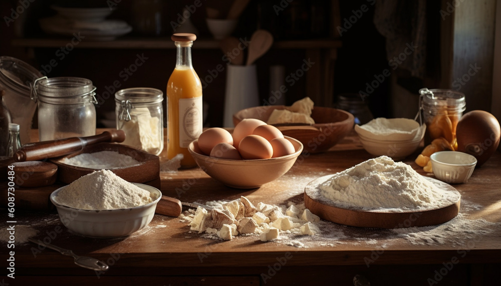 Rustic homemade bread preparation using organic flour and fresh milk generated by AI