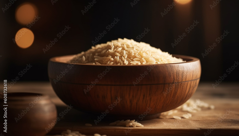 Organic basmati rice in wooden bowl, a healthy food staple generated by AI