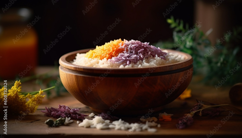 Organic rice bowl with fresh fruit, a healthy gourmet meal generated by AI