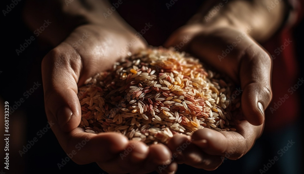 Freshly harvested wholegrain rice in hands of unrecognizable farmer generated by AI