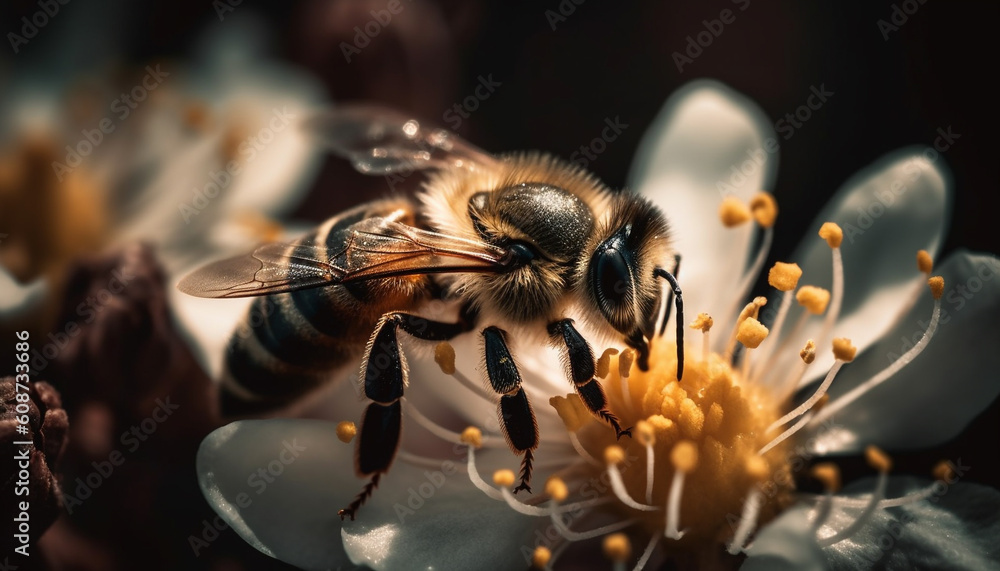 A busy honey bee pollinates a yellow flower in nature generated by AI