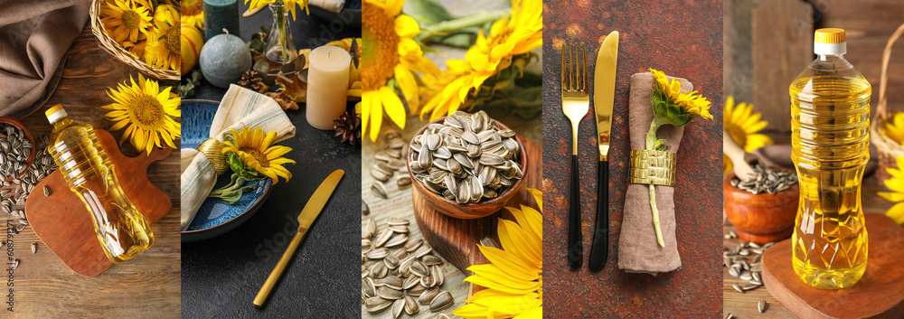 Collage of fresh sunflower seeds with tasty oil and stylish table settings