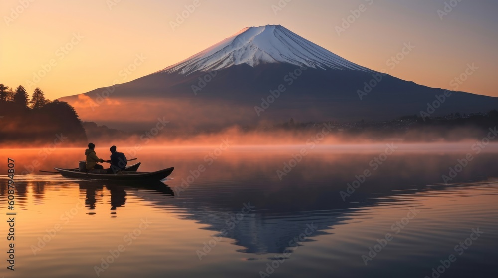 Landscape of mountain Fuji or Fujisan with reflection on Shoji lake Illustration AI Generative.