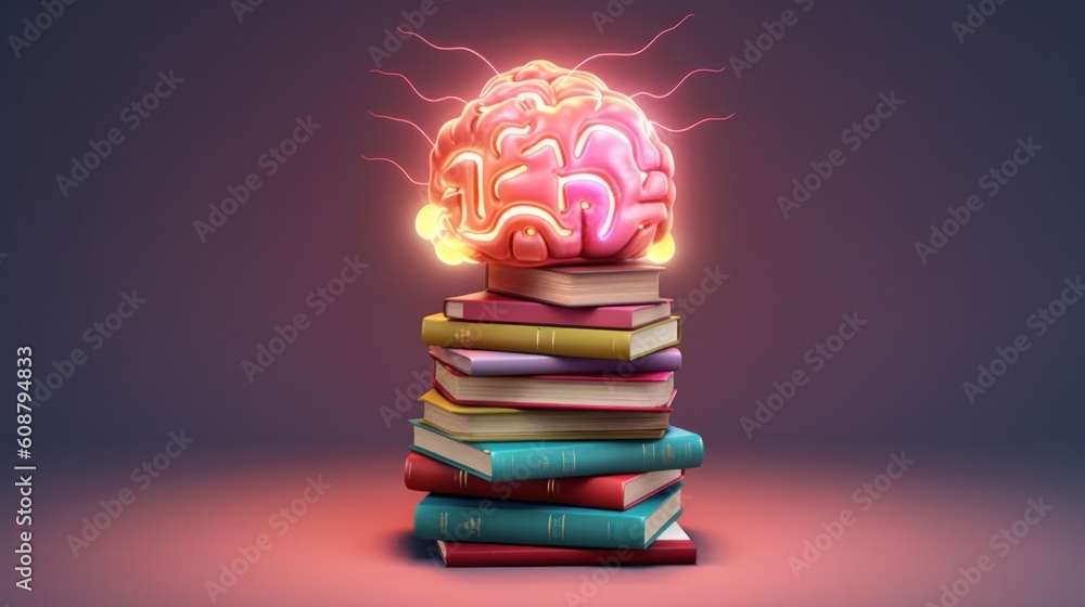 Brain and stack of books. Illustration AI Generative.