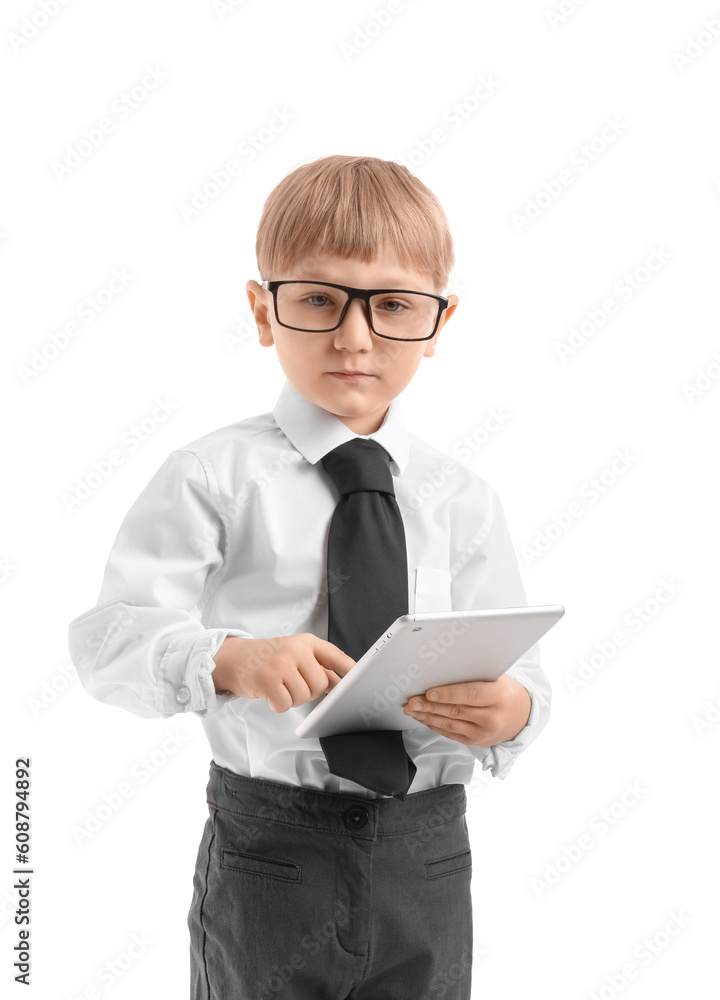 Funny little businessman using tablet computer on white background