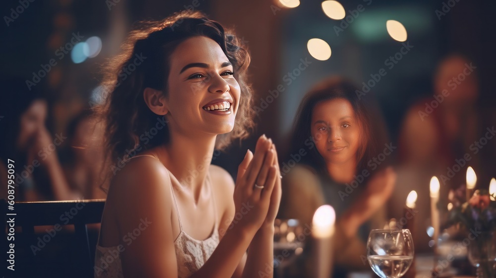 Woman clapping hands on dinner. Illustration AI Generative.