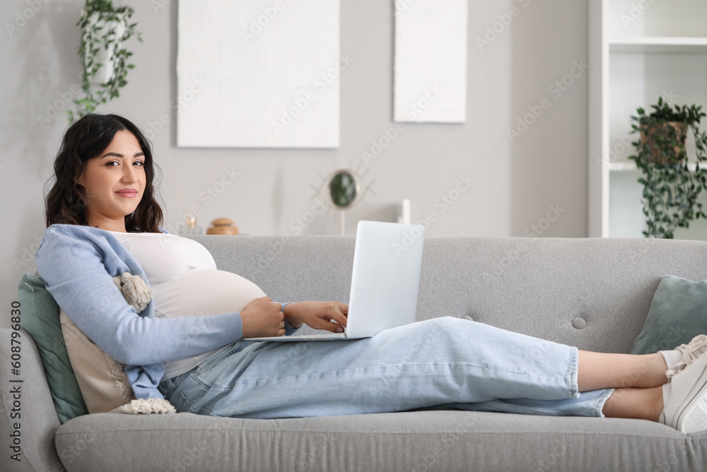 Young pregnant woman working with laptop on sofa at home