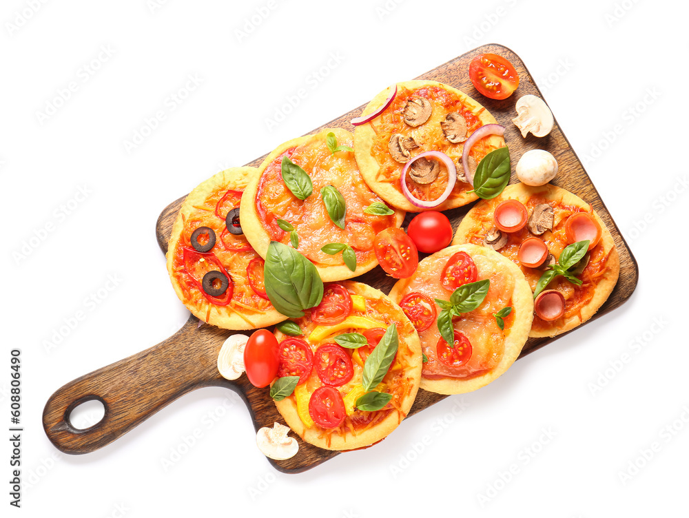 Board with different tasty mini pizzas on white background