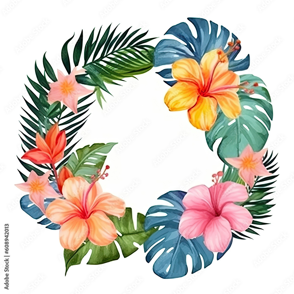 Watercolor tropical wreath isolated. Illustration AI Generative.